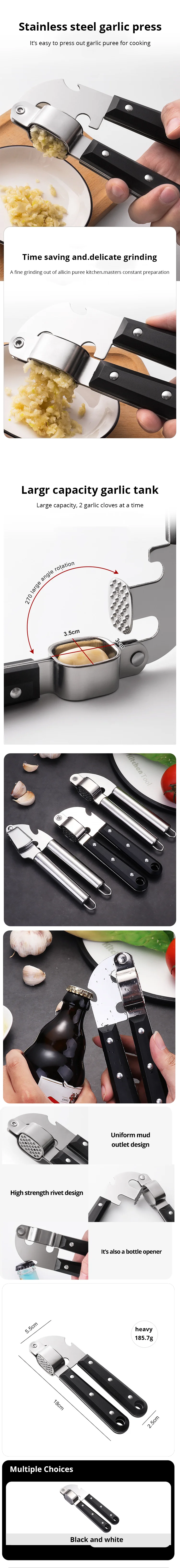 1Pc Black Stainless Steel Garlic Press Household Garlic Garlic Press Manual Garlic Press Creative Kitchen Tools