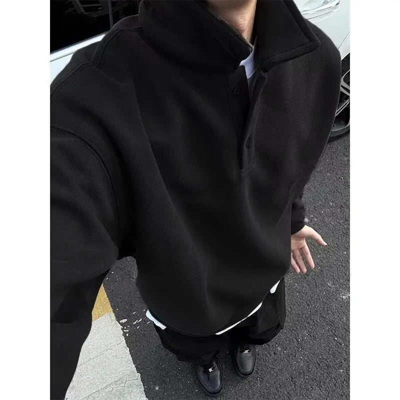 Polo Collar Sweatshirt Men's Spring Autumn Style Long-sleeved Bottoming Shirt American Retro Lapel Jacket