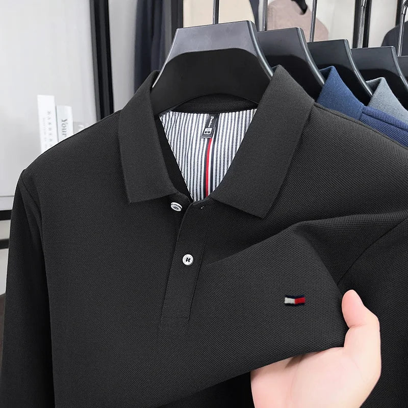 100% pure cotton autumn and winter high-end men's POLO shirt fashion brand embroidery business casual lapel long sleeved shirt