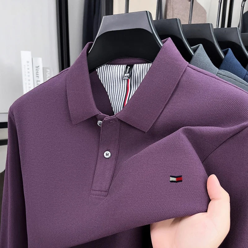 100% pure cotton autumn and winter high-end men's POLO shirt fashion brand embroidery business casual lapel long sleeved shirt