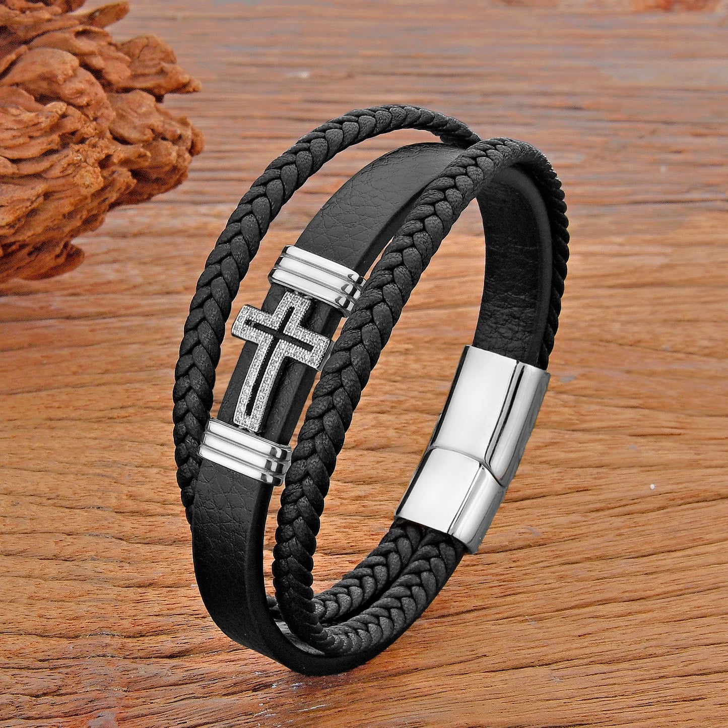 Mens Bracelet Fashion Hand-made Leather Personality Religion Jewelry Brass Microinlay Cubic Zirconia Bangles for Women Gifts
