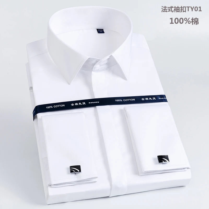 Men's French cufflinks shirt made of pure cotton long sleeved slim fit concealed button, solid color high end wedding dre