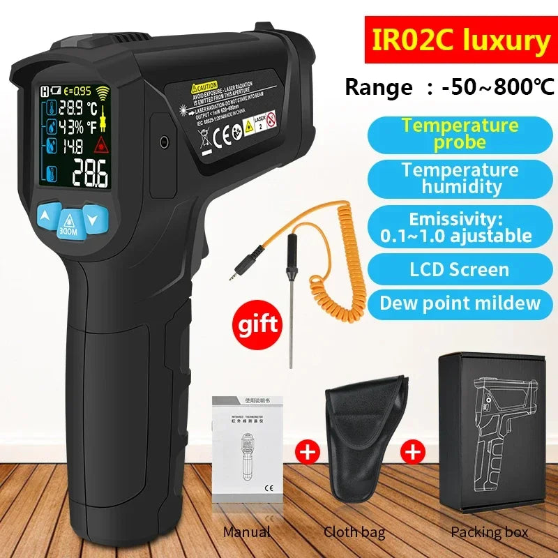 Mestek IR02C Infrared Thermometer C/F Non Contact Pyrometer Temperature Meter Digital Laser Thermometer with temperature probe