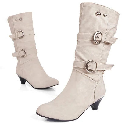 2026 New Fashion Women Boots Chunky Heeled Casual Round Toe Woman Shoes Autumn Winter Mid-Calf Boots Women with Buckle WSH3476
