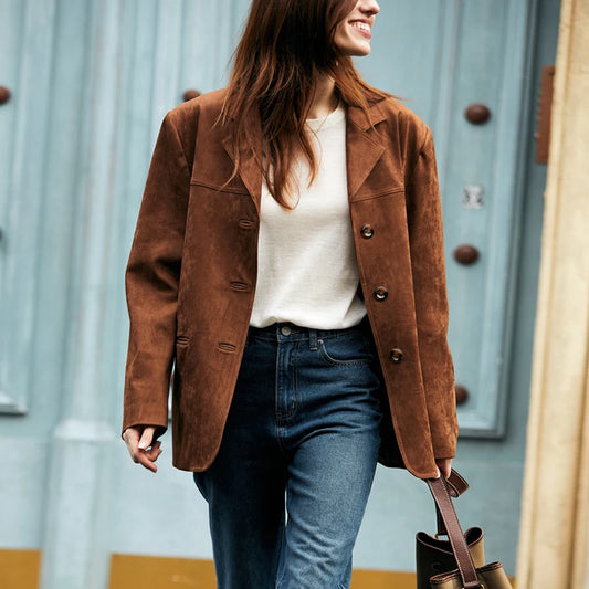 100% Lambskin Leather Jacket Women 2025 Fall Retro Brown/Coffee Imported Suede Kid Leather Blazer Coat Femme Casual Loose Jacket