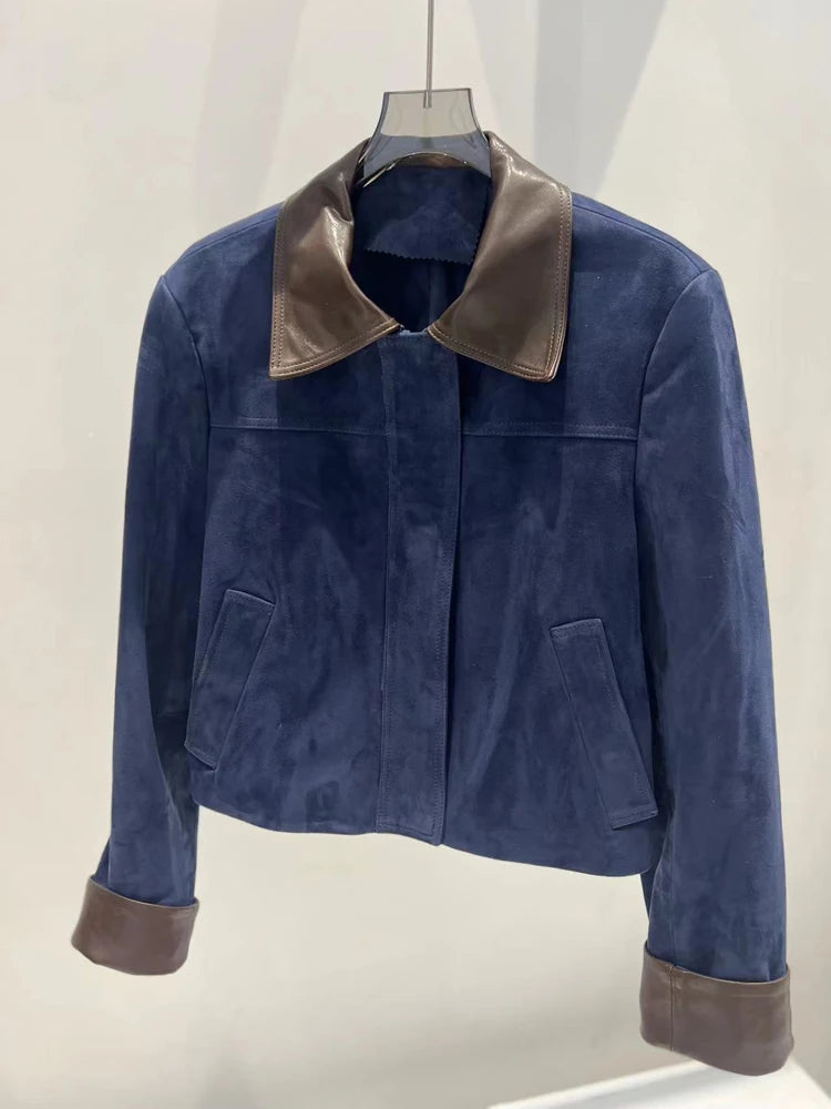 European Imported Suede Jacket Women 2025 Autumn Winter Branded New Contrasting Leather Coat Navy Blue Short Locomotive Casacos