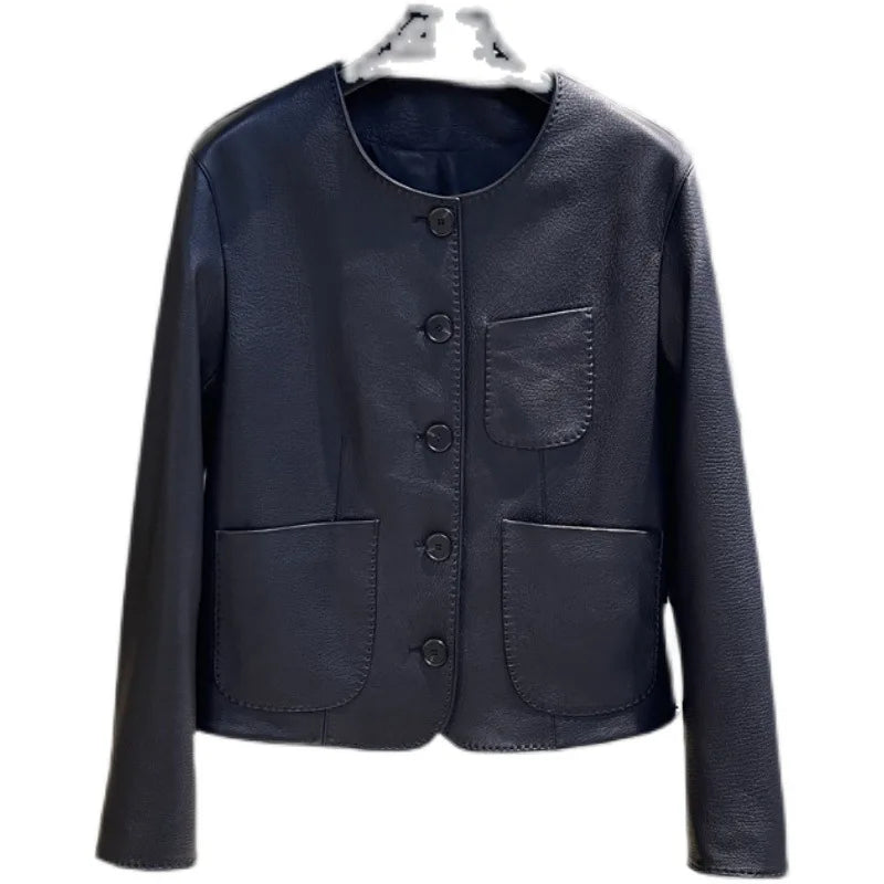 Women's Autumn Clothing European High Quality Sheepskin Casual O-Neck Single-Breasted Coffee Litchi Stria Genuine Leather Jacket