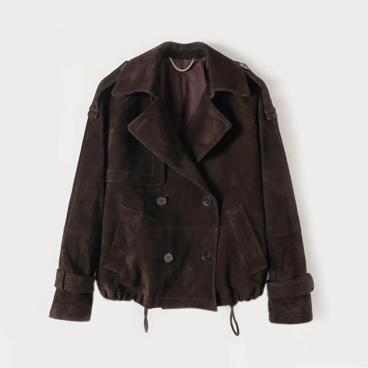 Kid Suede Leather Jacket for Women Branded New 2025 Old Money Double Breasted Short Jacket Femme Big Lapel Epaulet Trench Coat