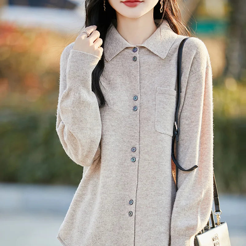 POLO Collar Wool Sweater 100 Pure Wool Spring And Autumn New Knitted Women Loose And Slimming Cardigan ZA682