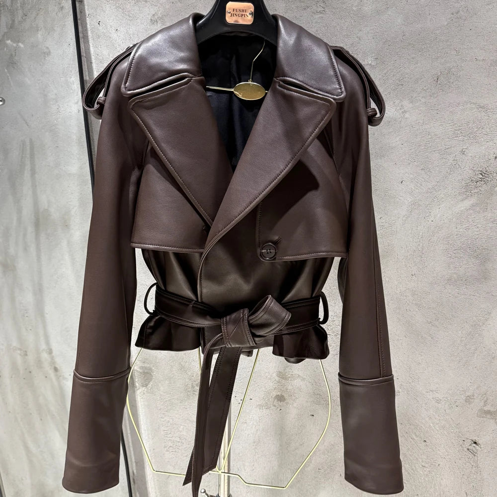Women Casul Leather Jackets Short Windbreak Design Genuine Grained Sheep Leather Coats Lady