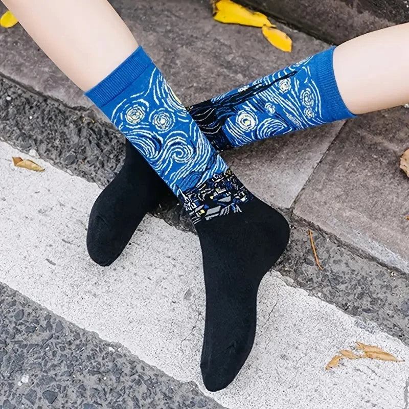 1 Pair Women Retro Abstract Oil Painting Art Sock Shout Modern Van Gogh Starry Night Happy Oil Painting Comfort Skateboard Socks