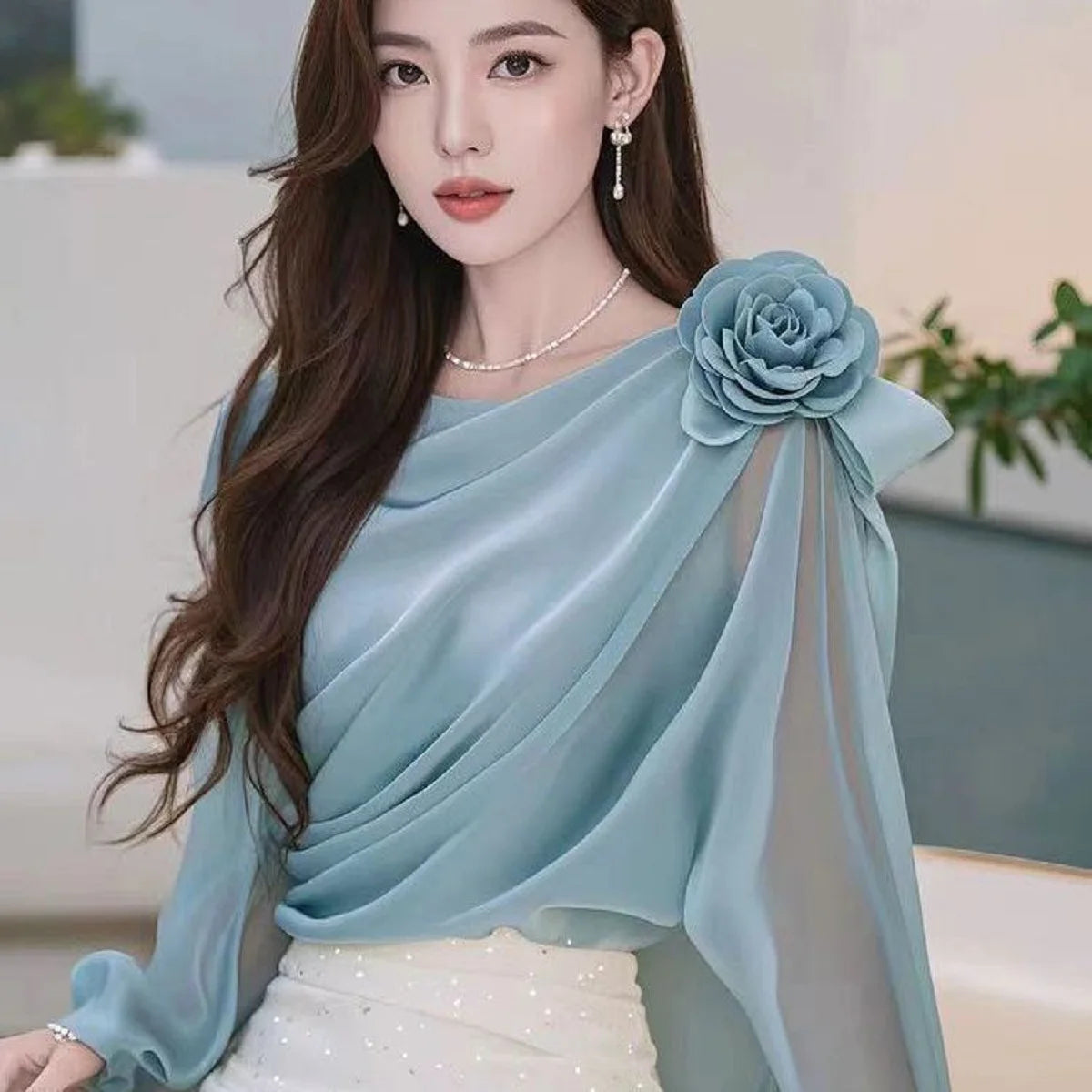 Women tops Summer Halter Floral Appliques long sleeve Work Shirts Blouses korean fashion female Dressy Casual clothing