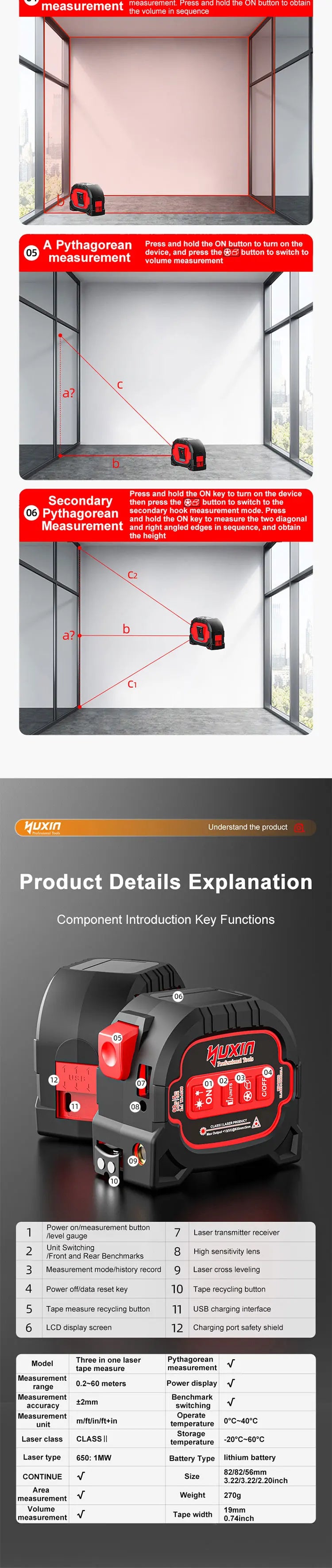 ZLLJMETER 3 in 1 Laser Rangefinder 60M Tape Measure Ruler LCD Display with Backlight Distance Meter Building Measurement Device