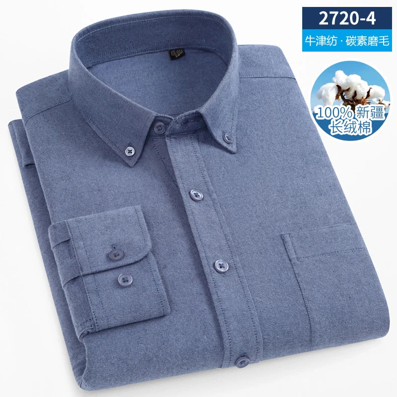 New Men Pure Cotton Flannel Soft Regular-fit Long Sleeve Brushed Shirt Single Pocket Comfortable Casual Solid Color Shirts S-5XL