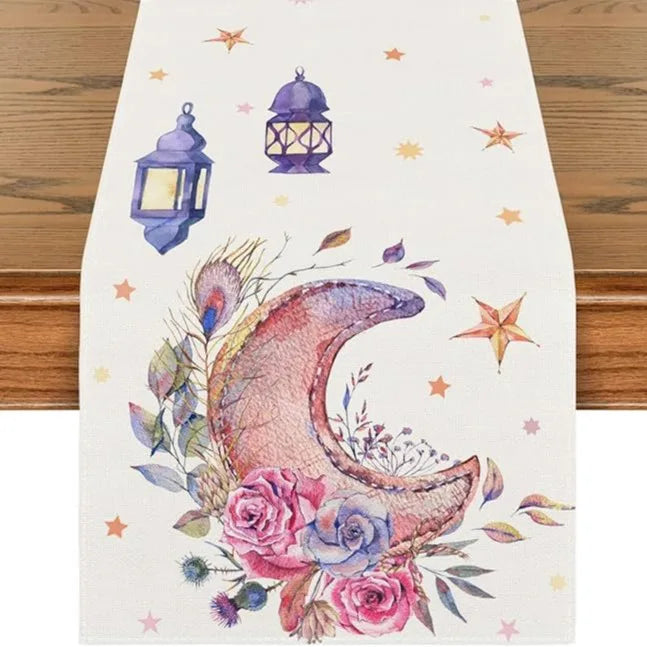 Lantern Star Moon Ramadan Table Runner, Eid Kitchen Dining Table Decoration, Home Party Decor, Seasonal, 13x72 Inch
