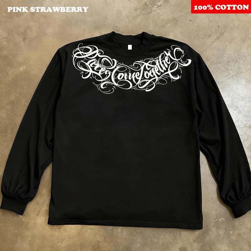 100% Cotton White Long Sleeves T-shirt Men 2025 Autumn New American Retro Street Oversize T-shirt Casual Y2k Top Men clothing