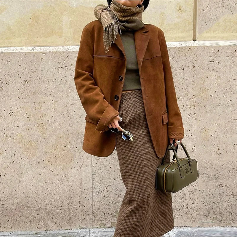100% Lambskin Leather Jacket Women 2025 Fall Retro Brown/Coffee Imported Suede Kid Leather Blazer Coat Femme Casual Loose Jacket