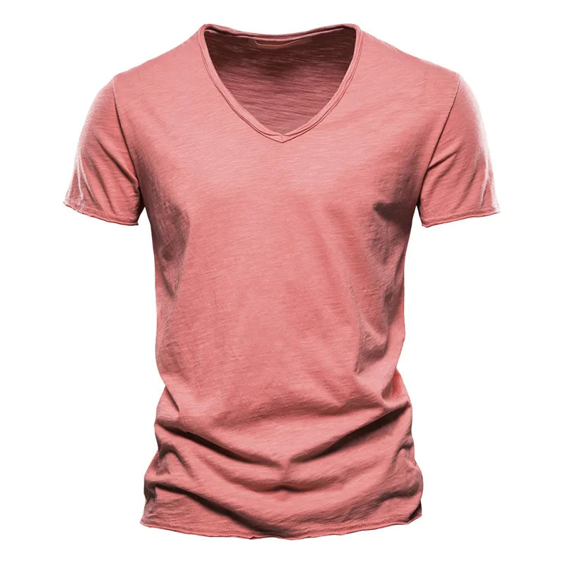 100% Cotton Men T-shirt V-neck Fashion Design Slim Fit Soild T-shirts Male Tops Tees Short Sleeve T Shirt O-neck for Men