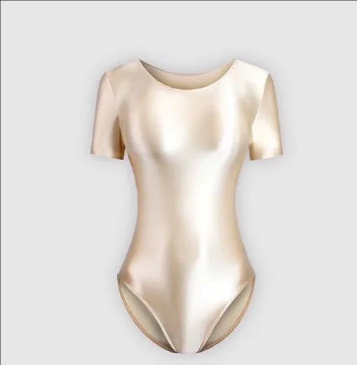 Japanese Men's Bathing Suits Women's Sexy Silky Glossy One-piece Swimsuit Shiny Short Sleeve Bodysuit, Oily Tights Shapewear