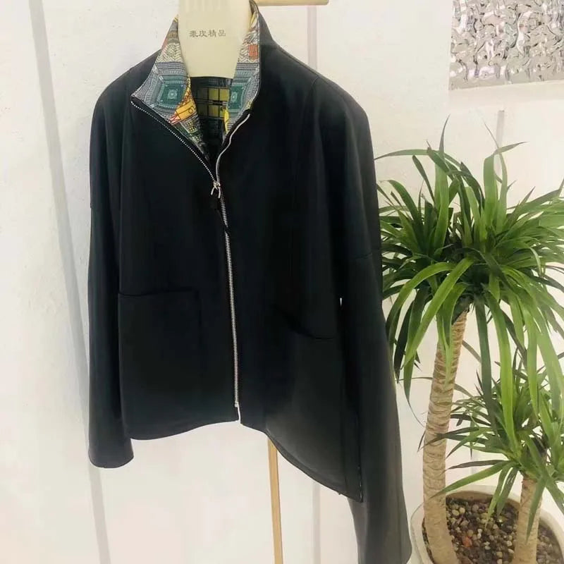 New fashion 2025 women coat sspring orange import real sheepskin jacket floral pattern lining short length big pockets