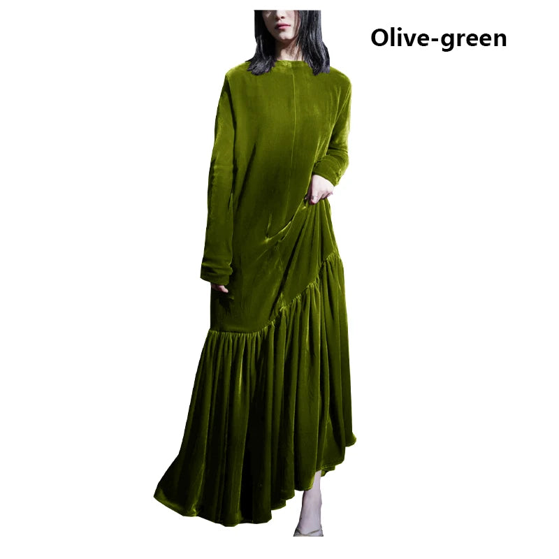Light Luxury Natural Silk Velvet Women's Dress Long Sleeve Long Floor-length Dress Temperament Elegant Casual Spring Autumn