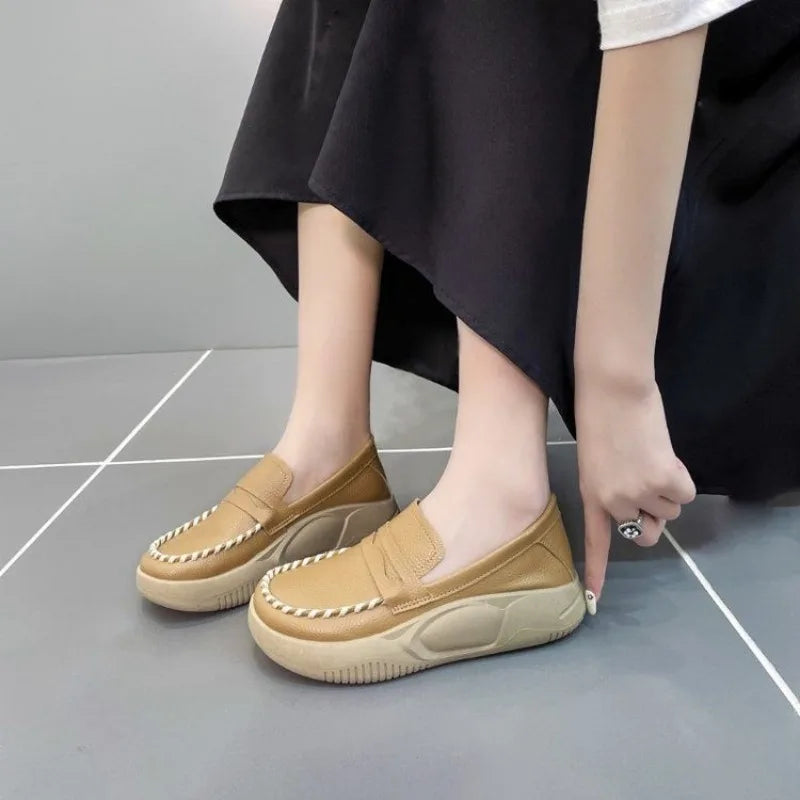 Woman Footwear Low Leather High on Platform Shoes for Women Loafers White Casual Daily Routine Autumn Offer Korean Fashion 2025