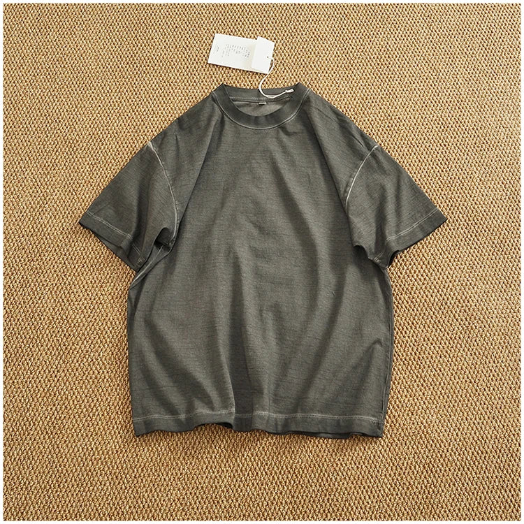 100% cotton made old wash short sleeve T-shirt men's round neck loose drop rotator sleeve solid color half sleeve T