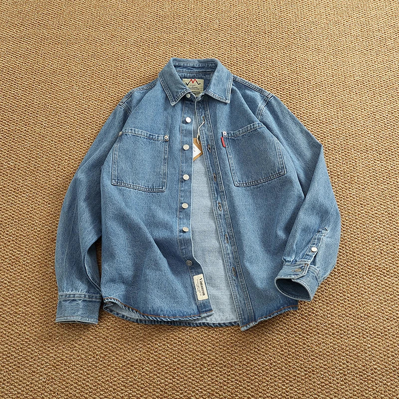 Spring Autumn New American Retro Long-Sleeve Lapel Solid Color Denim Shirt Men's Fashion 100% Cotton Washed Old Casual Blouses