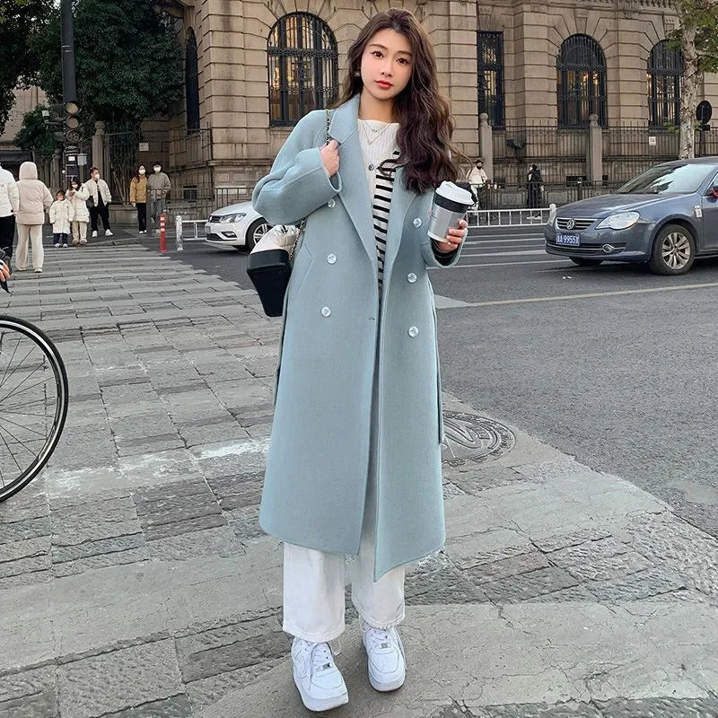 100% Wool Coat Women's Wear 2024 Autumn/Winter Fashion Temperament Double sided Cashmere Coats with Belt Elegant Long Overcoat