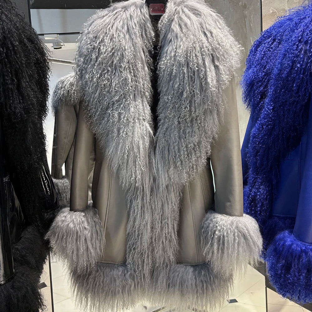 YOLOAgain Mongolia Sheep Fur Jacket Women Real Leather Coat Suede Jacket