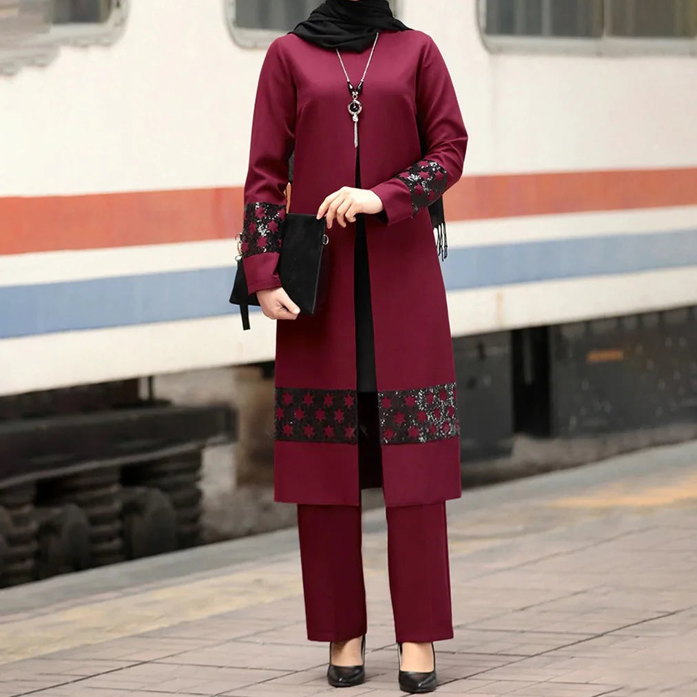 Islamic Ramadan Eid Muslim Dress Women 2 Piece Corset Suit Shirt Wide Leg Pants Dubai Abaya Lace Up Solid Color Kaftan Clothing