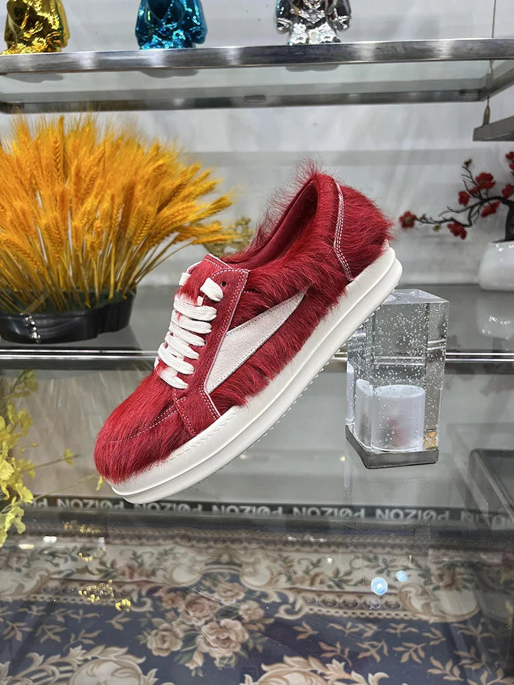 24ss New Horse Hair Low Top Quality Casual Shoes Dark Red Men Genuine Leather Thick Sole Lace Up Luxury Sports Ro Women Sneakers