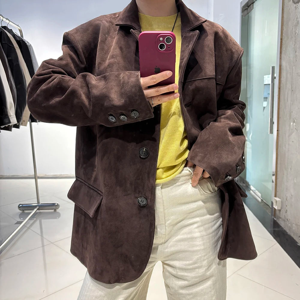 YOLOAgain Single Breasted Oversized Suede Blazer Women Real Leather Jacket Spring 2026