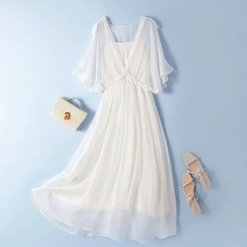 100% Silk Dress New Fashion Summer Dresses For Women 2024 High Quality Casual Dress Women Elegant Midi Dress Vestido Feminino Lq