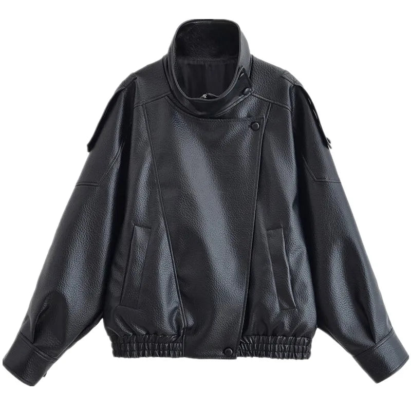 Loose Design Women's Leather Jaet ort Outerwear Warmth Ladies Faion Autumn New Sle Zipper Closure No Hat