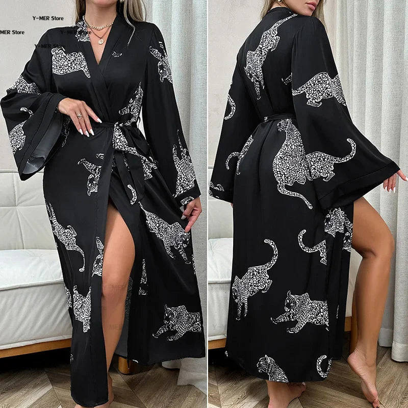 Wedding Party Dress Fashion Printed Robe Women's Clothing Loose Silk Satin Sleepwear Night Gowns Long Sleeve Ladies Bathrobe