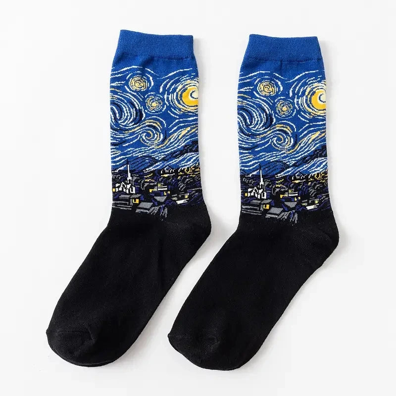1 Pair Women Retro Abstract Oil Painting Art Sock Shout Modern Van Gogh Starry Night Happy Oil Painting Comfort Skateboard Socks