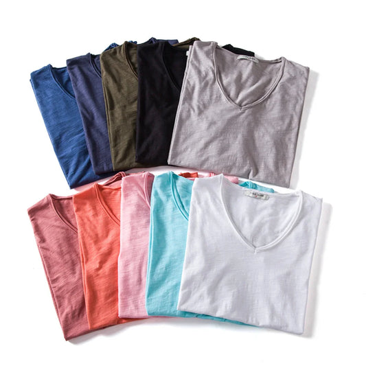 100% Cotton Men T-shirt V-neck Fashion Design Slim Fit Soild T-shirts Male Tops Tees Short Sleeve T Shirt O-neck for Men