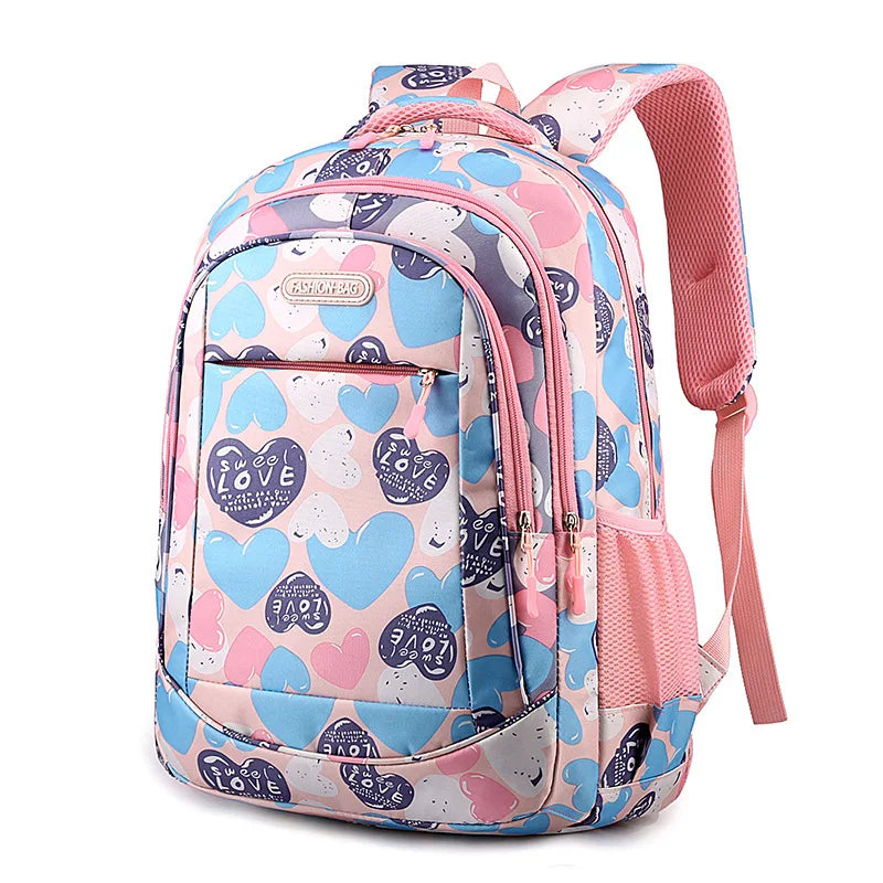 Student Boys And Girls School Bags Love Heart Printed Student Shoulder School Bags 1-6 Grade Light Weight Double Shoulder Bags