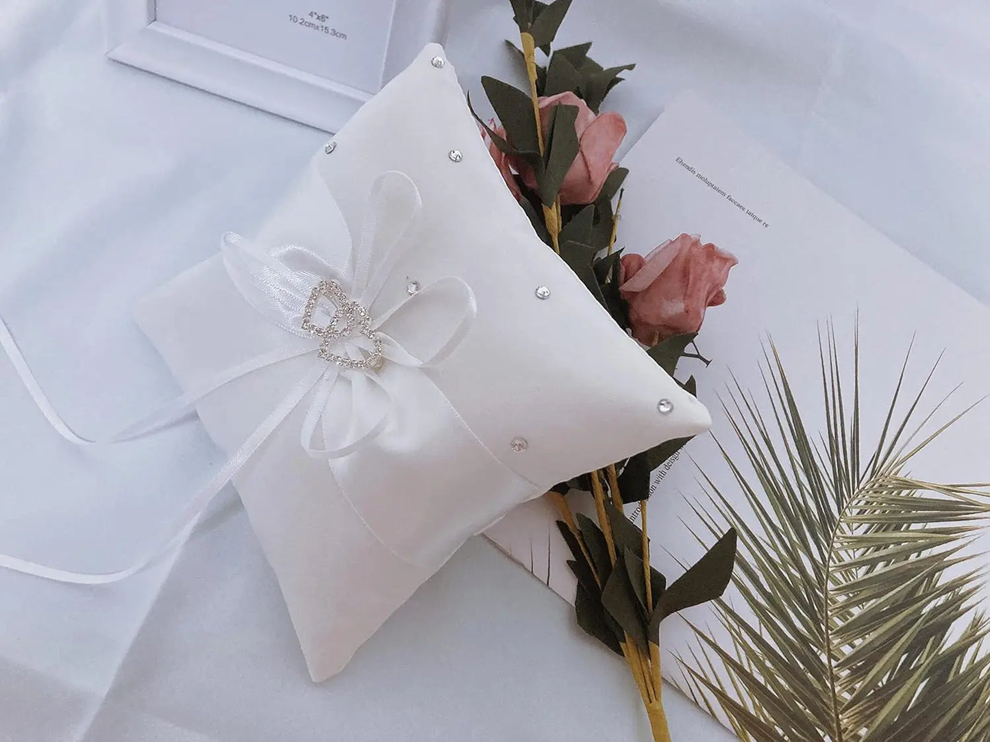 Ring Cushion Wedding Cushion Wedding Ring Cushion with Satin Wedding Decoration with Double Hearts Approx. 10 cm x 10 cm
