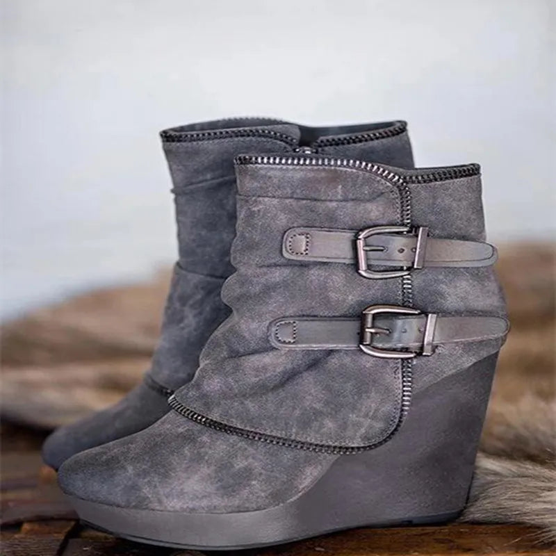 2025 Modern High-heel Boots for Women Ankle Wedges Suede Ladies Shoes Splicing Fake Zip Belt Buckle Height Increasing Daily Wear