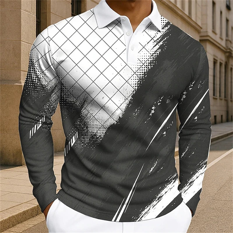 Men's Plaid Coloful Polo Shirts Golf Shirt Long Sleeved Polo Shirt New Casual Fashion Classic Lapel Neck Shirt Trendy Men Polo