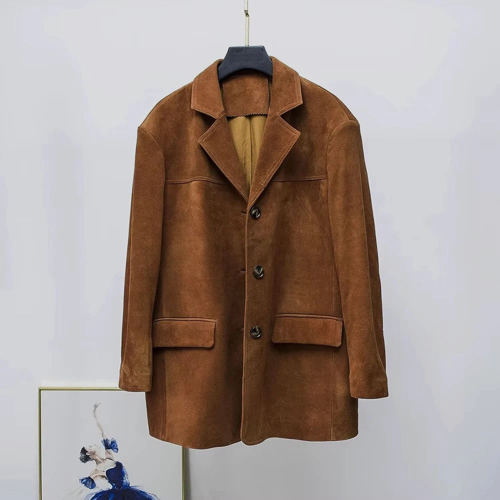 100% Lambskin Leather Jacket Women 2025 Fall Retro Brown/Coffee Imported Suede Kid Leather Blazer Coat Femme Casual Loose Jacket