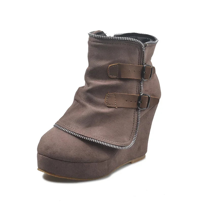 2025 Modern High-heel Boots for Women Ankle Wedges Suede Ladies Shoes Splicing Fake Zip Belt Buckle Height Increasing Daily Wear
