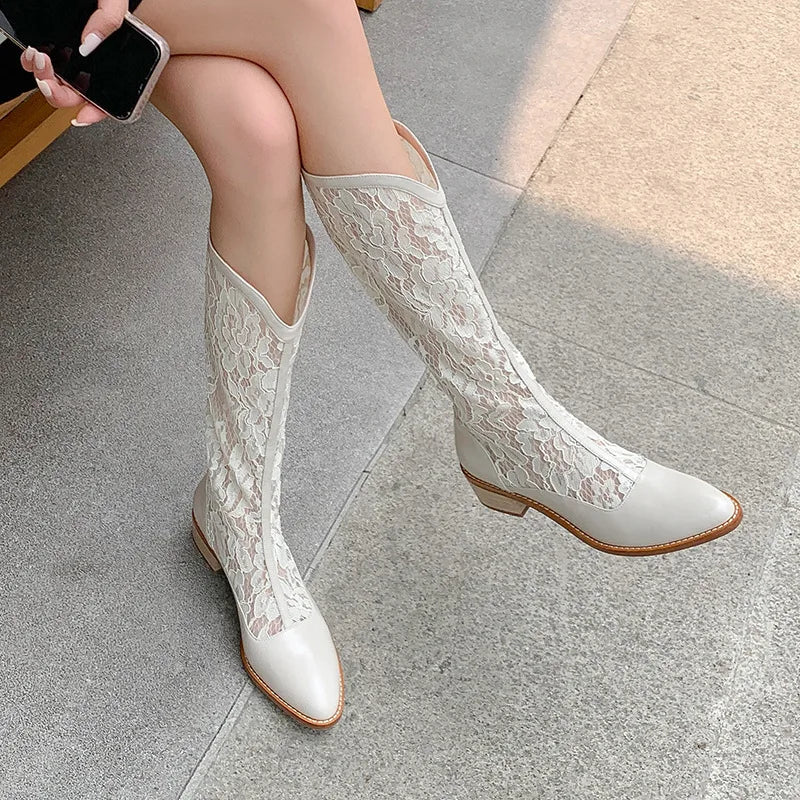 Woman Fashion Lace Flower Boots Thick Heel Pointed Toe Mid-calf Boots Female Footwear Summer Size 41 Breathable Botas De Mujer