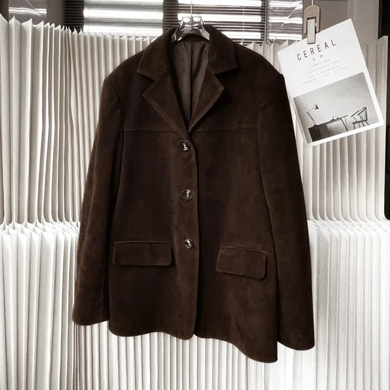 100% Lambskin Leather Jacket Women 2025 Fall Retro Brown/Coffee Imported Suede Kid Leather Blazer Coat Femme Casual Loose Jacket