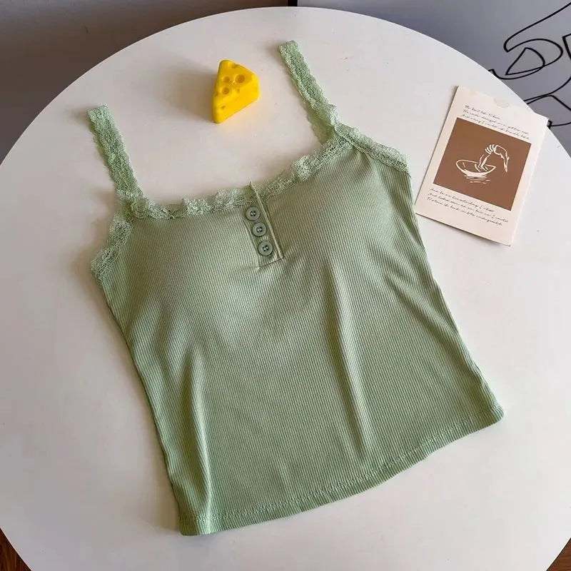 Summer Crop Tops Lace Tank Top Women Cropped Cute Camis Lace Strap Patchwork Camisole Solid Color Sleeveless Buttons Tank Top
