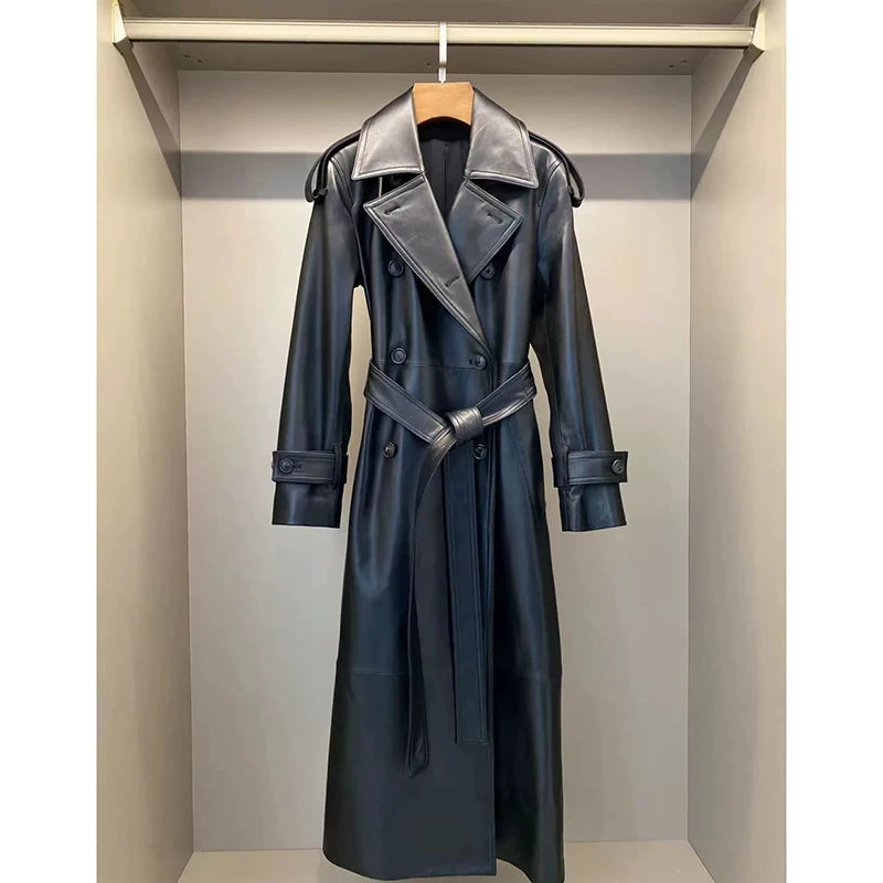 Women Leather Jacket Autumn Winter Black/Red Coffee Sheepskin Lapel Double Breasted Belt Slim Show Tall Long Trench Coat Dress