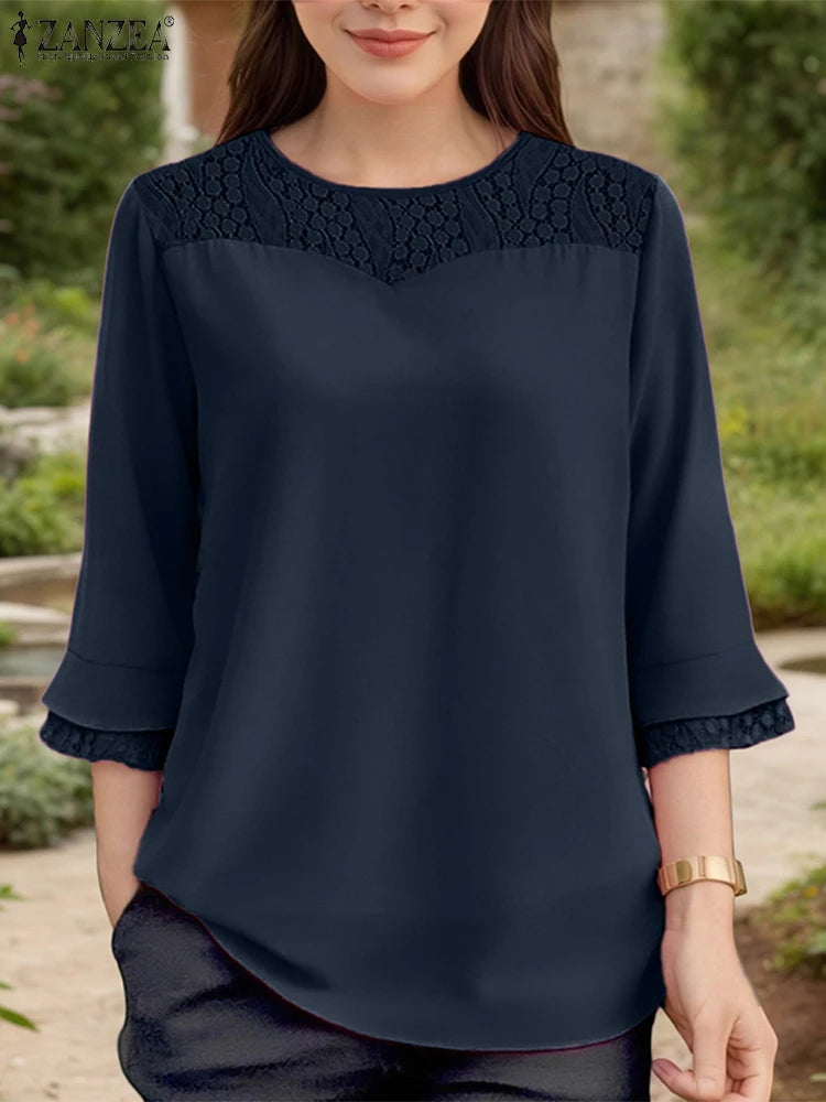 Women Autumn Patchwork Blouse 2025 ZANZEA Elegant Long Sleeve Tops Stylish Work Shirts Female Casual Loose Chemise Mujer Femme