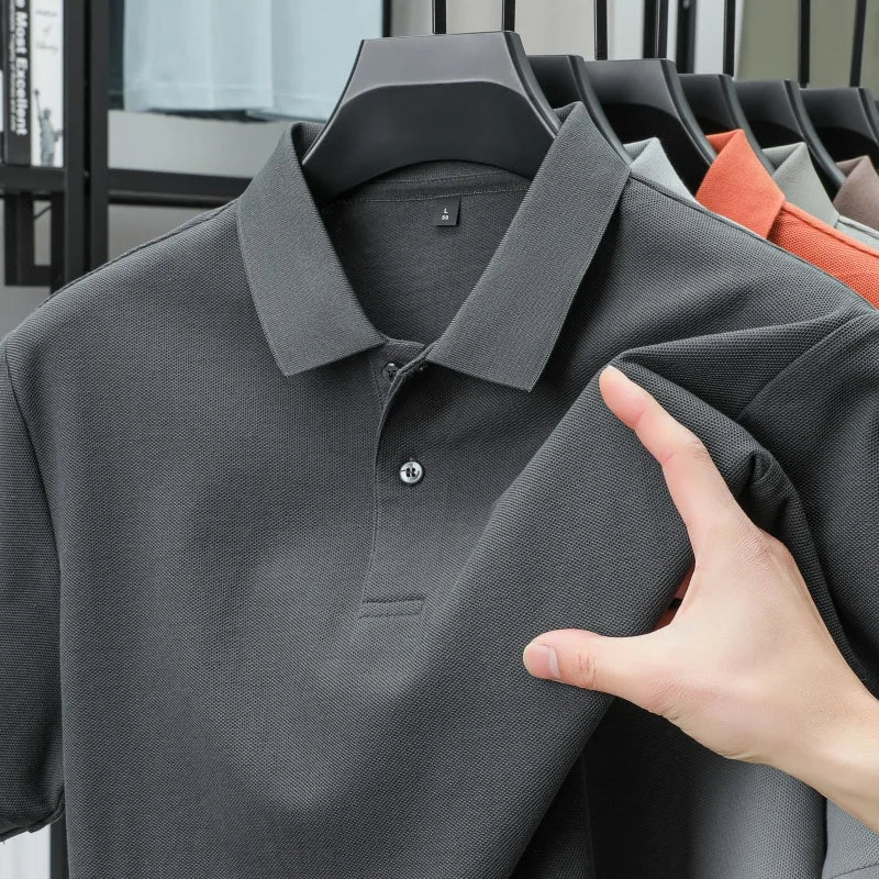 100% pure cotton boutique short sleeved high-end men's polo shirt summer high-quality solid color topsbusiness casual T-shirt